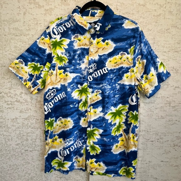 Corona Hawaiian Button Up Shirt Sz XL Blue Yellow Palm Trees Tropical Vacation - Picture 1 of 16